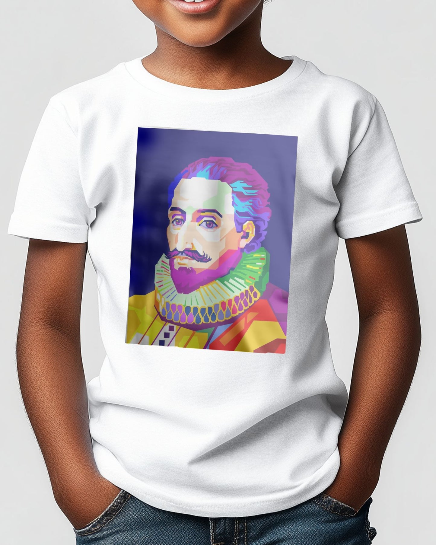 Miguel de Cervantes in Pop Art with Navy Background - @WPAPbyiant