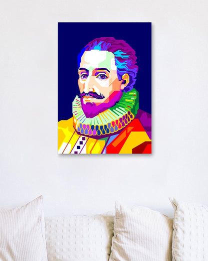 Miguel de Cervantes in Pop Art with Navy Background - @WPAPbyiant