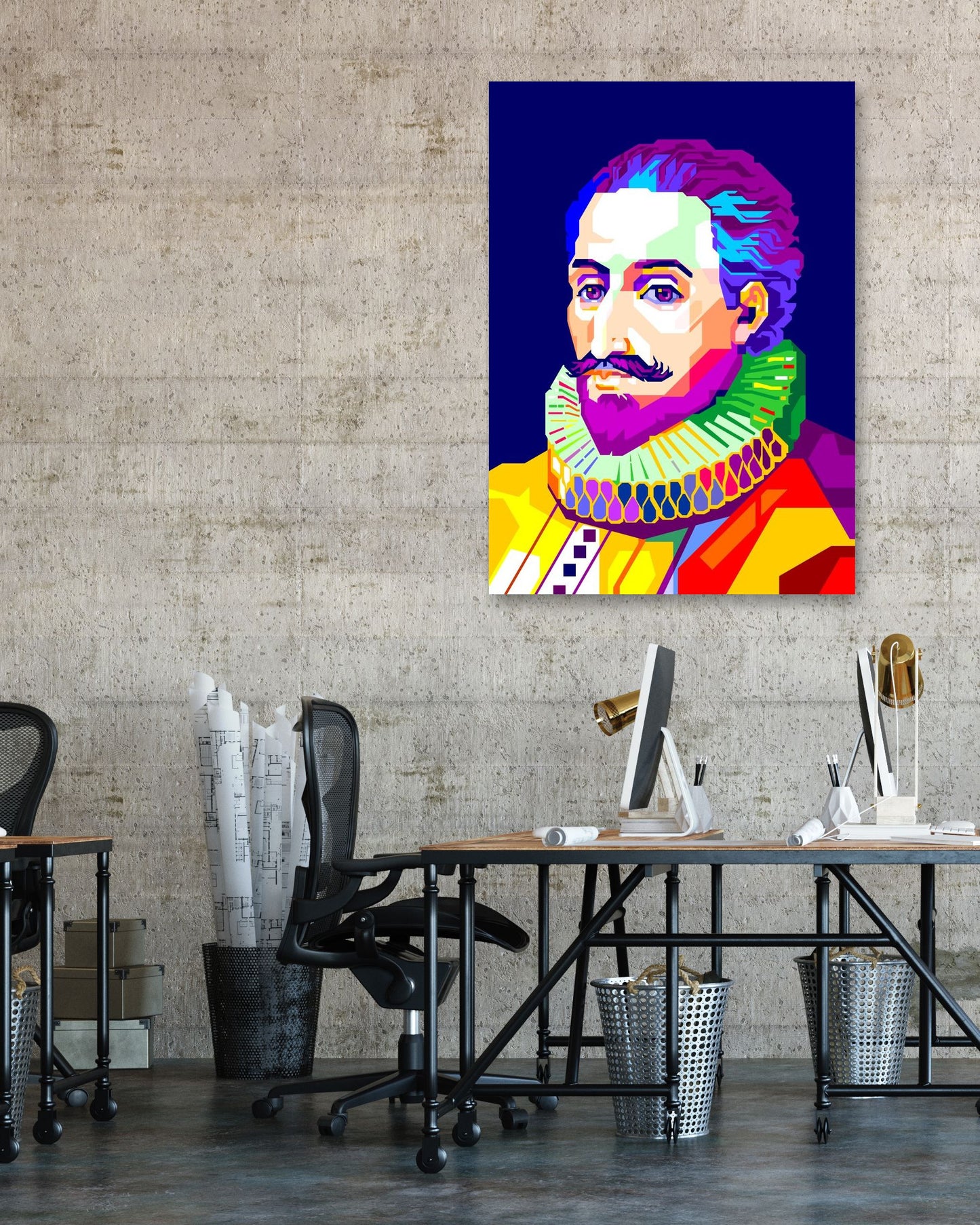 Miguel de Cervantes in Pop Art with Navy Background - @WPAPbyiant
