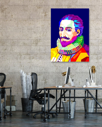 Miguel de Cervantes in Pop Art with Navy Background - @WPAPbyiant