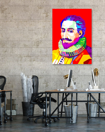 Miguel de Cervantes in Pop Art with Red Background - @WPAPbyiant