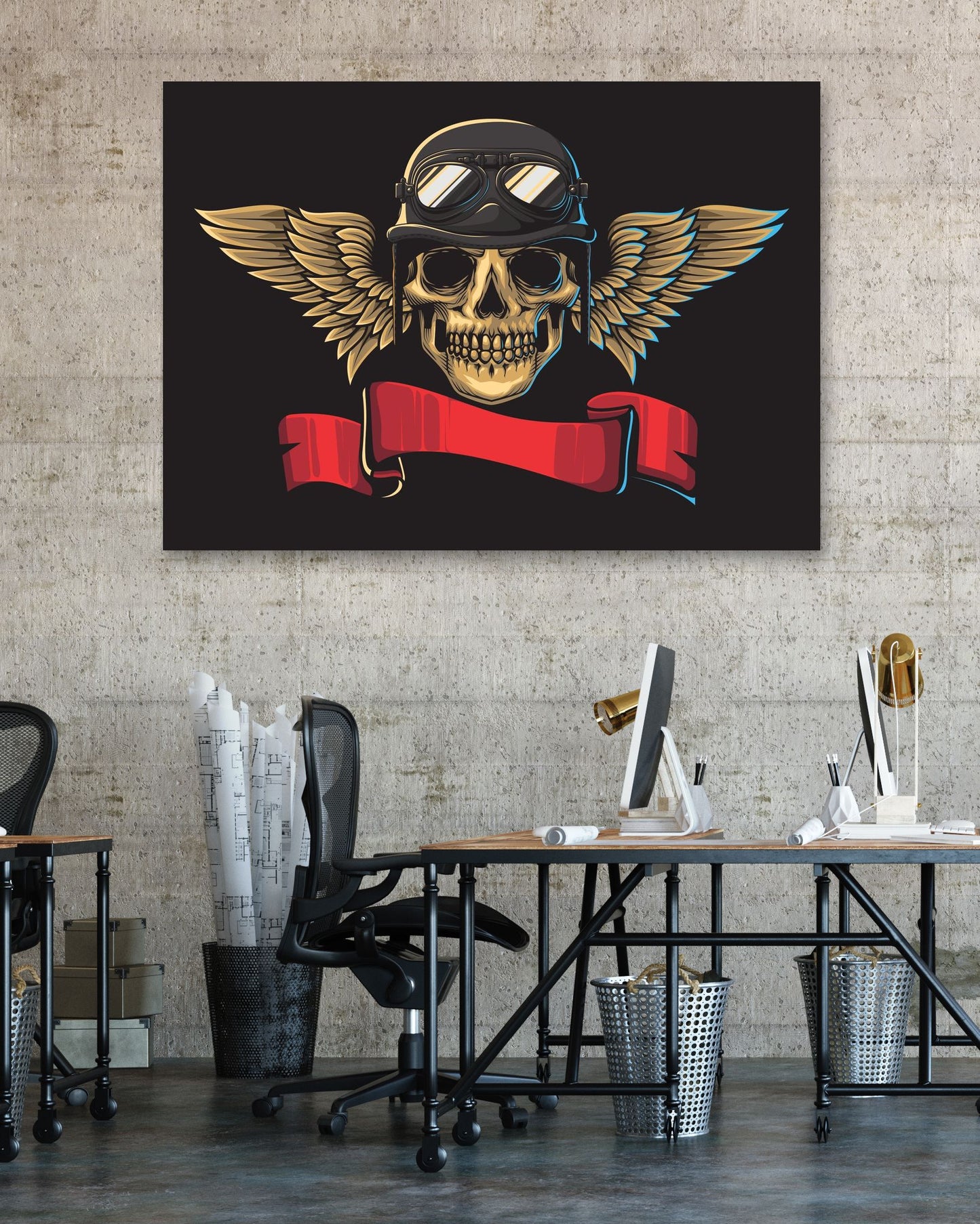 Skull illustration with vintage helmet and wings - @PowerUpDesign