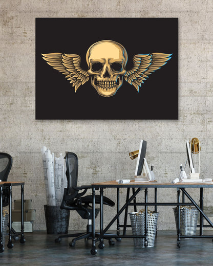 Head skull illustration with wings in vintage style - @PowerUpDesign