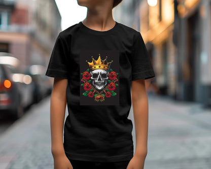 king skull illustration with gold crown and flowers - @PowerUpDesign