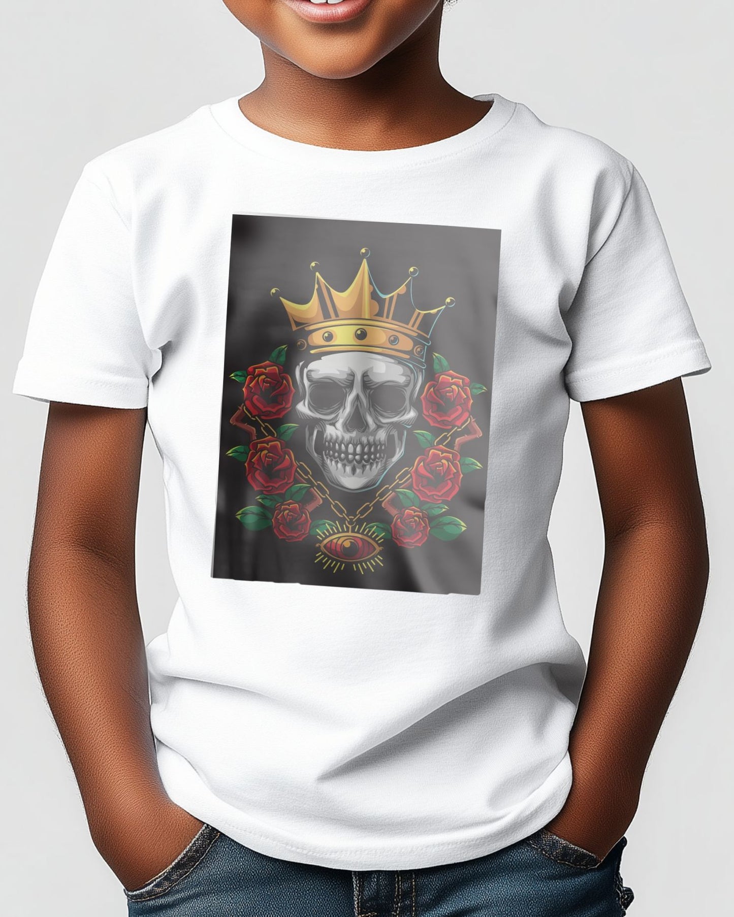 king skull illustration with gold crown and flowers - @PowerUpDesign