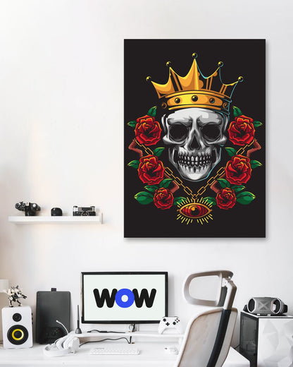 king skull illustration with gold crown and flowers - @PowerUpDesign