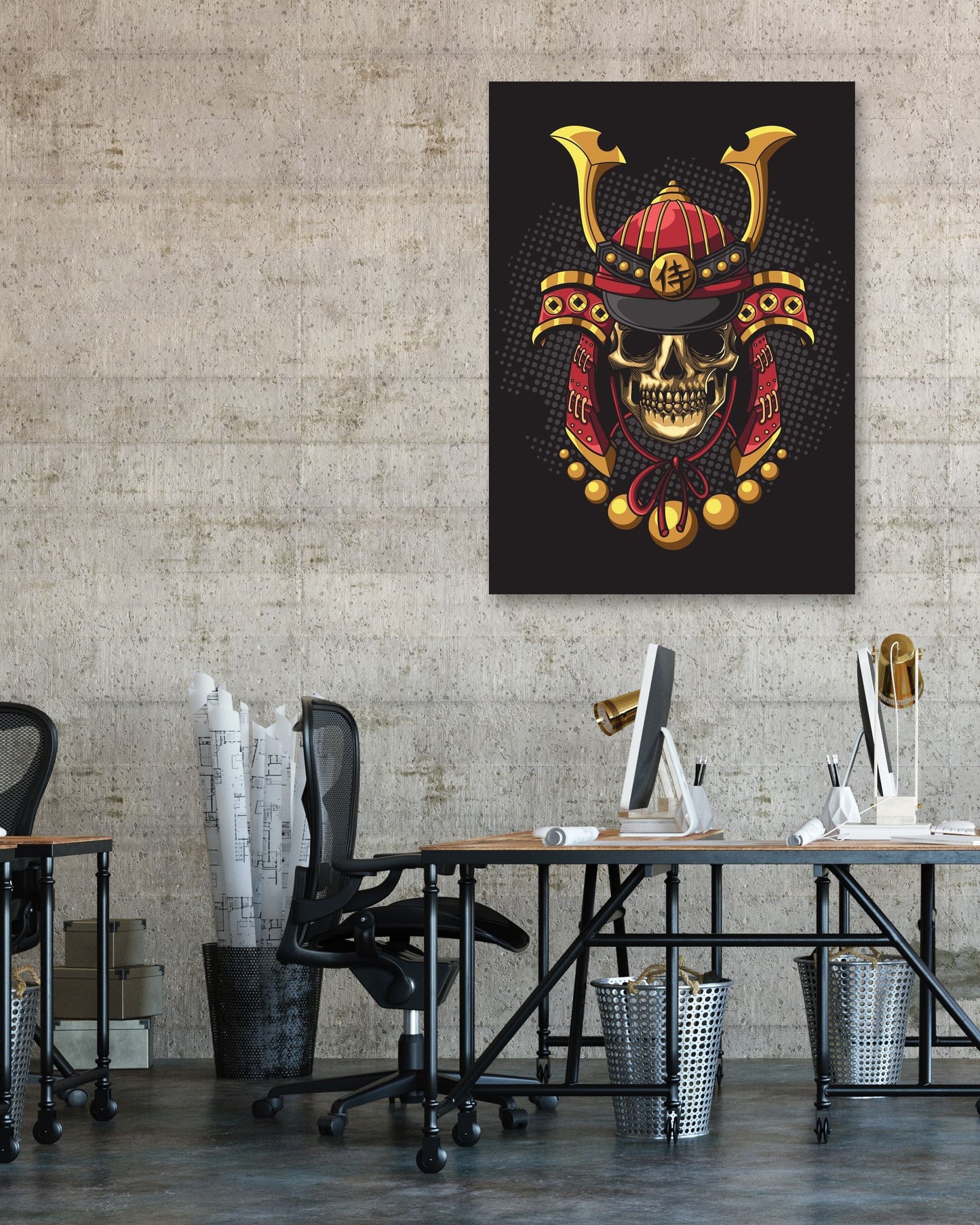 skull samurai illustration black red and gold - @PowerUpDesign