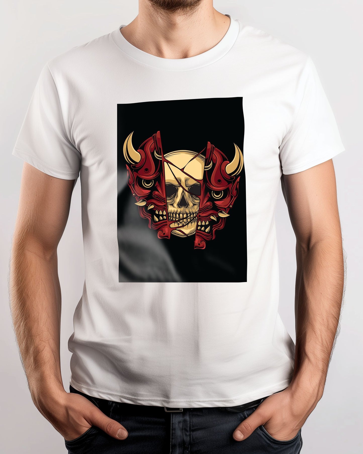 skull illustration with japan oni mask - @PowerUpDesign