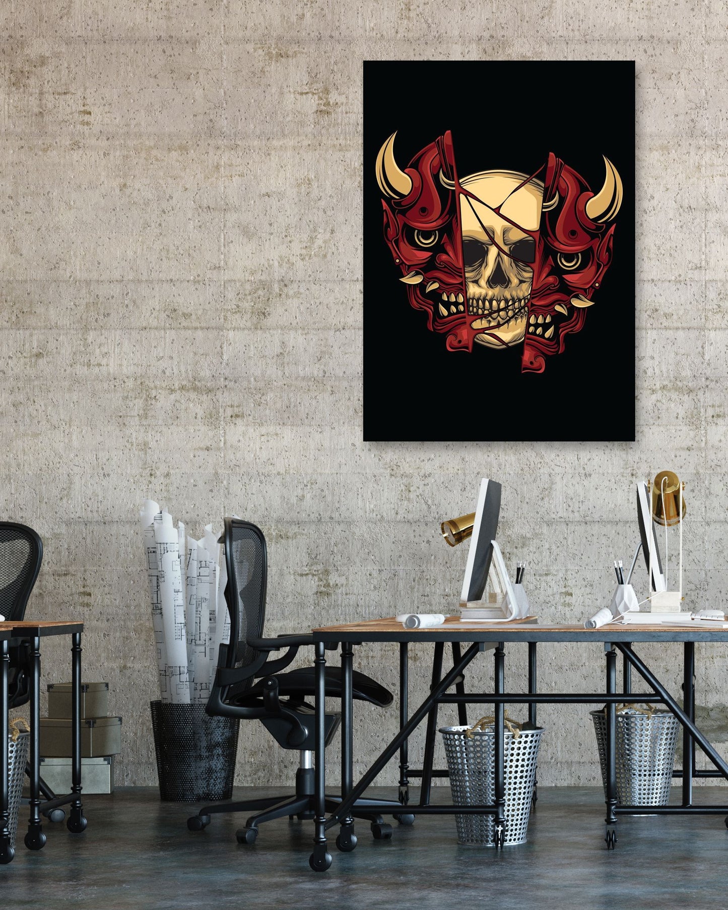 skull illustration with japan oni mask - @PowerUpDesign