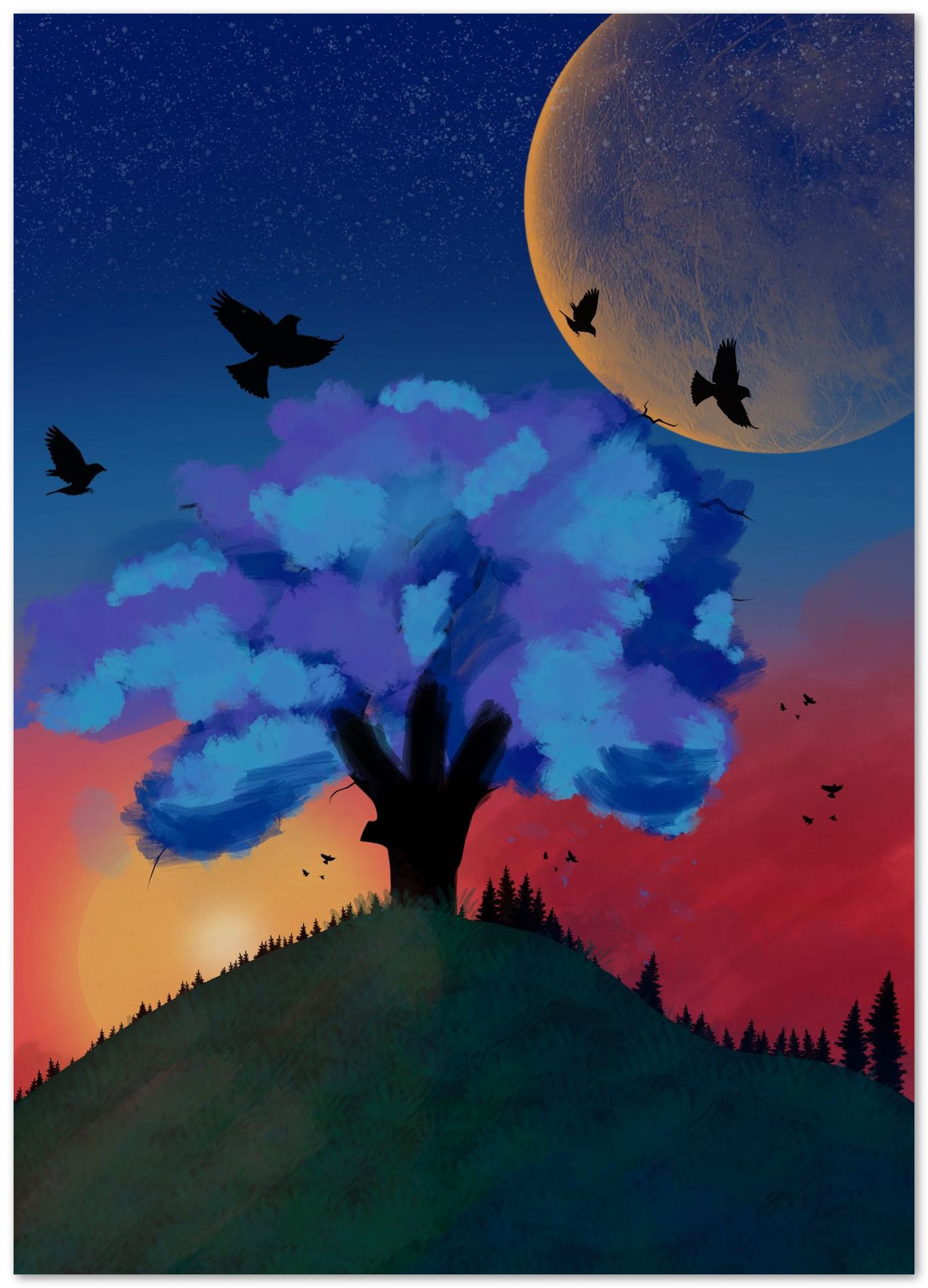 Digital painting of a big tree with a cool sunset atmosphere - @elzart