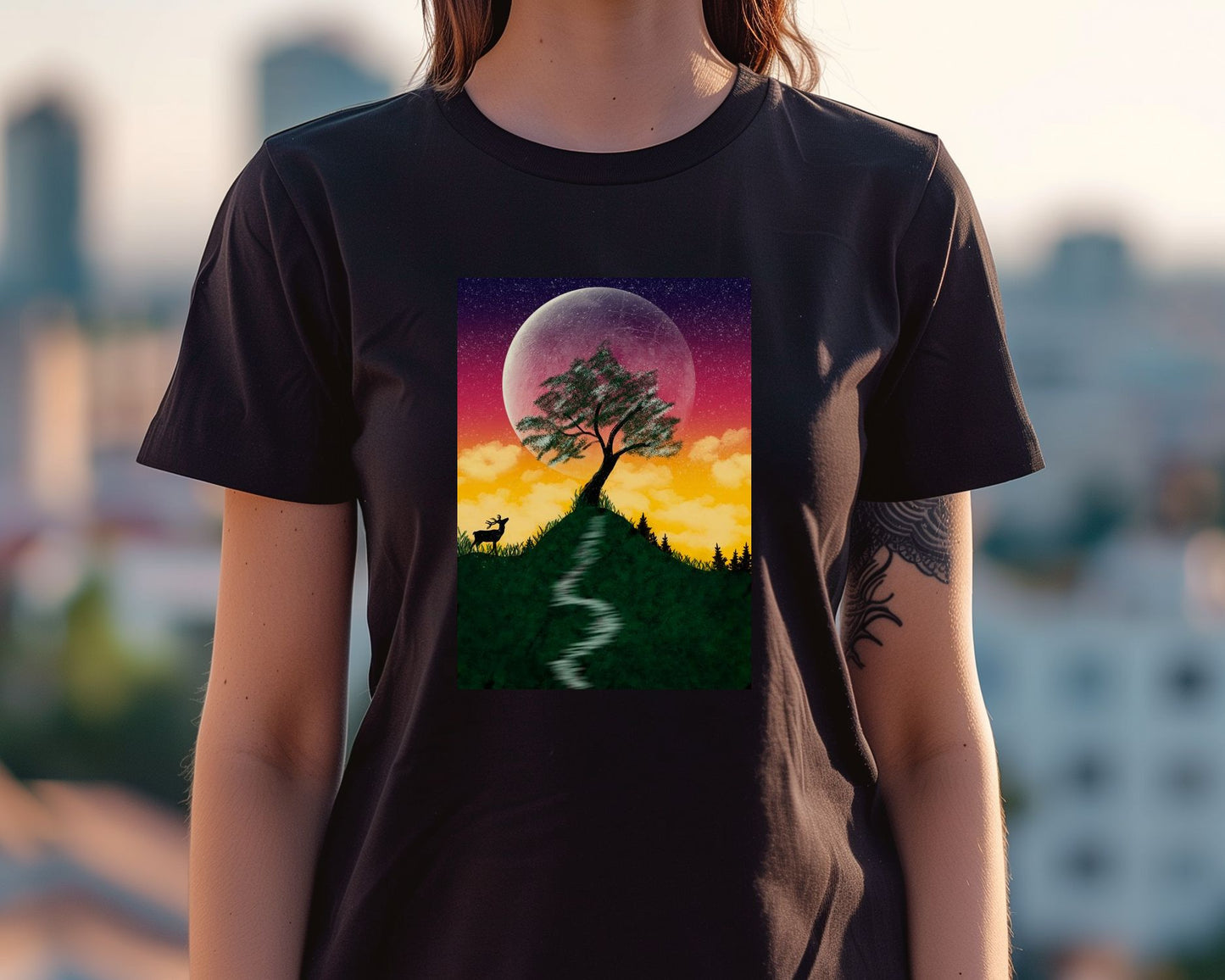 A tree behind the moon and the deer - @elzart