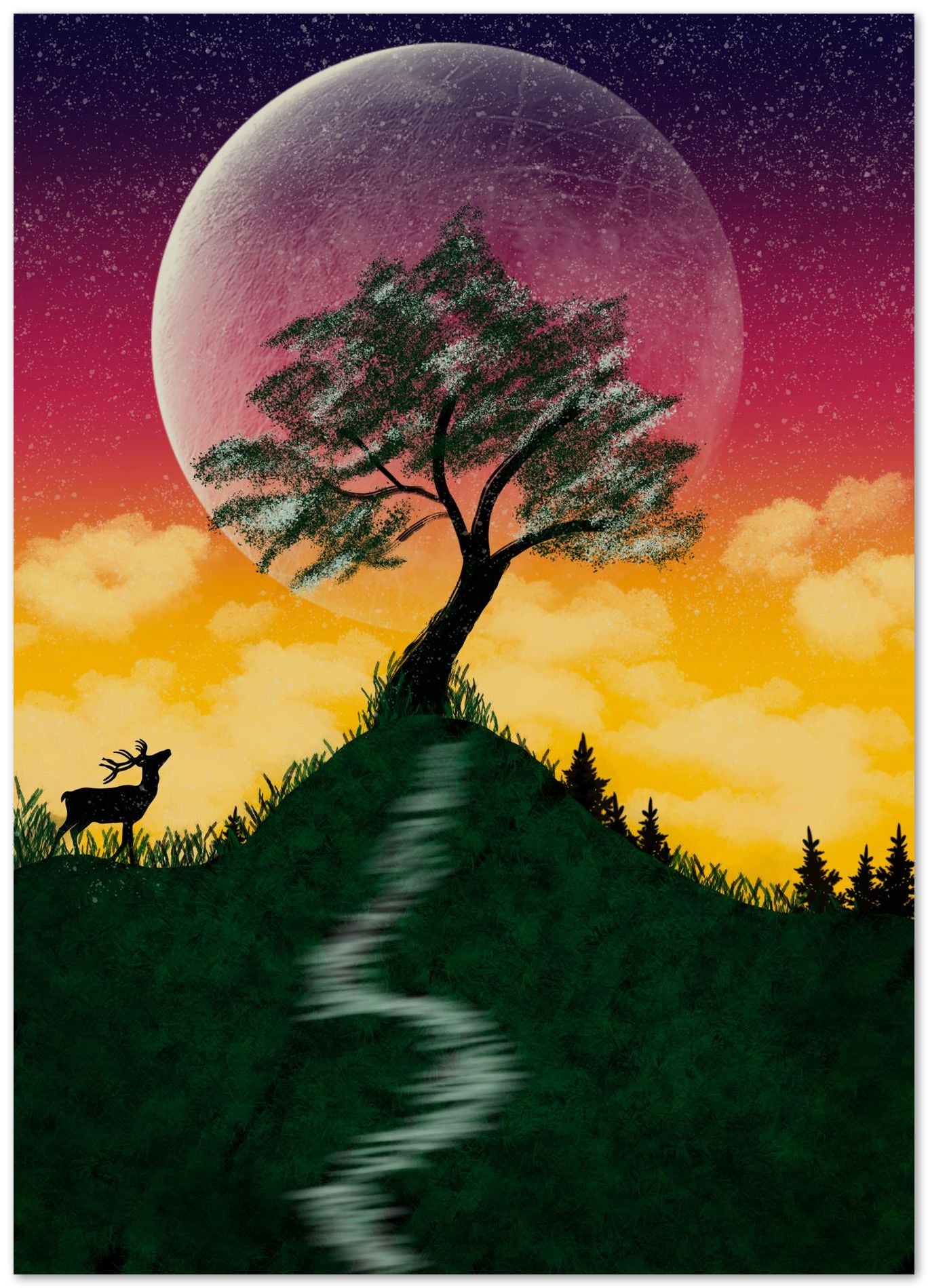 A tree behind the moon and the deer - @elzart