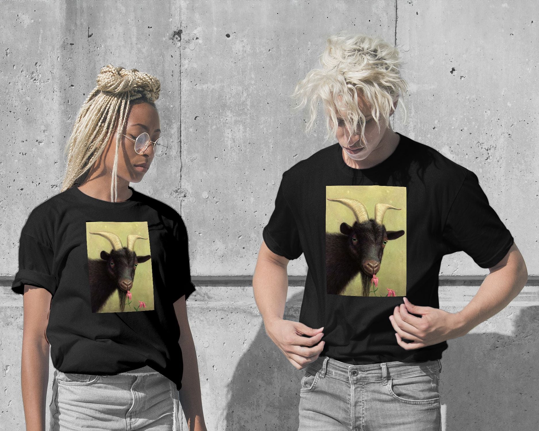 T-Shirt-A Black Goat enjoying a Pink Flower - @chusna-wow.fan