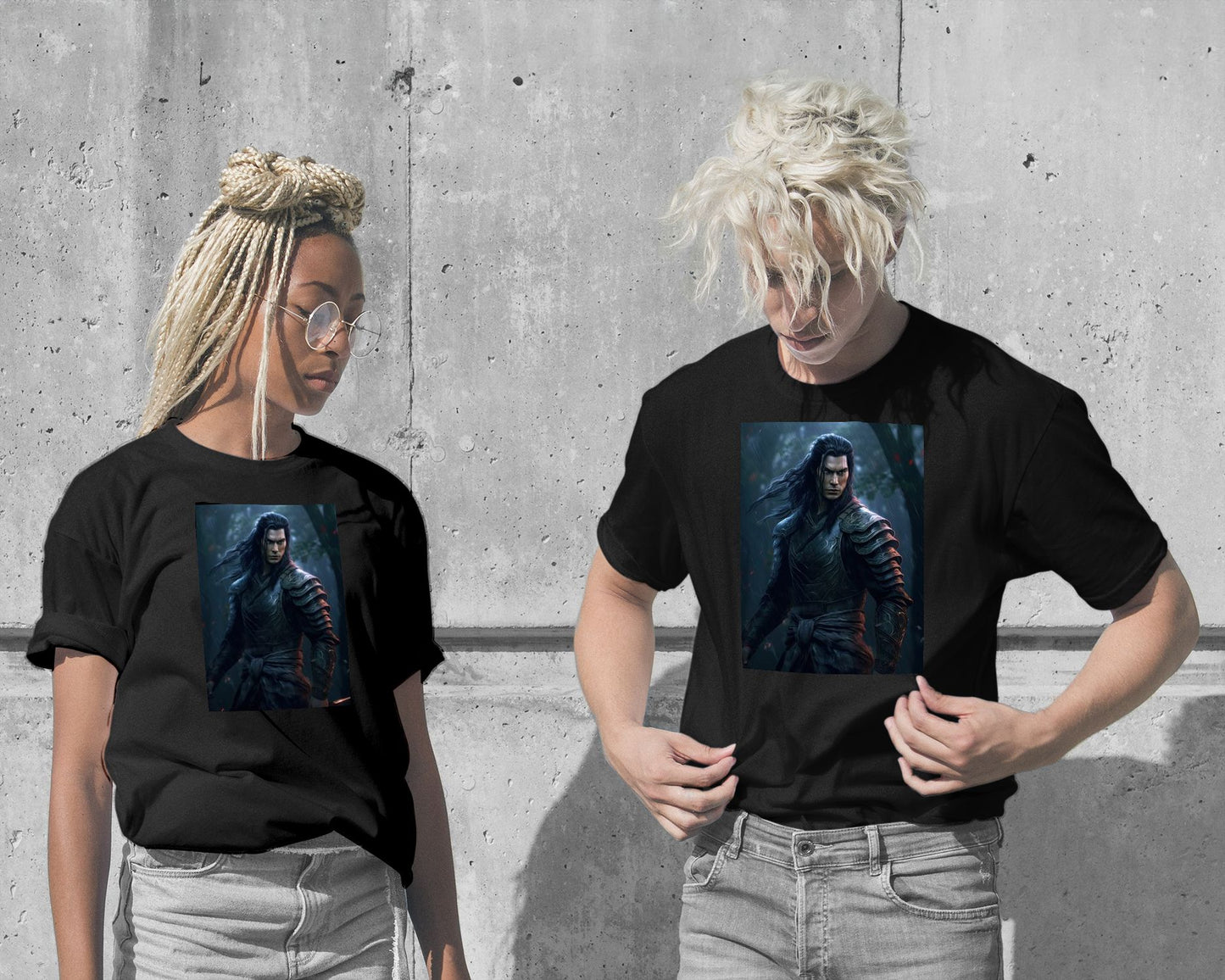 T-Shirt-Male Samurai Long Hair Black - @ZakeDjelevic-wow.fan
