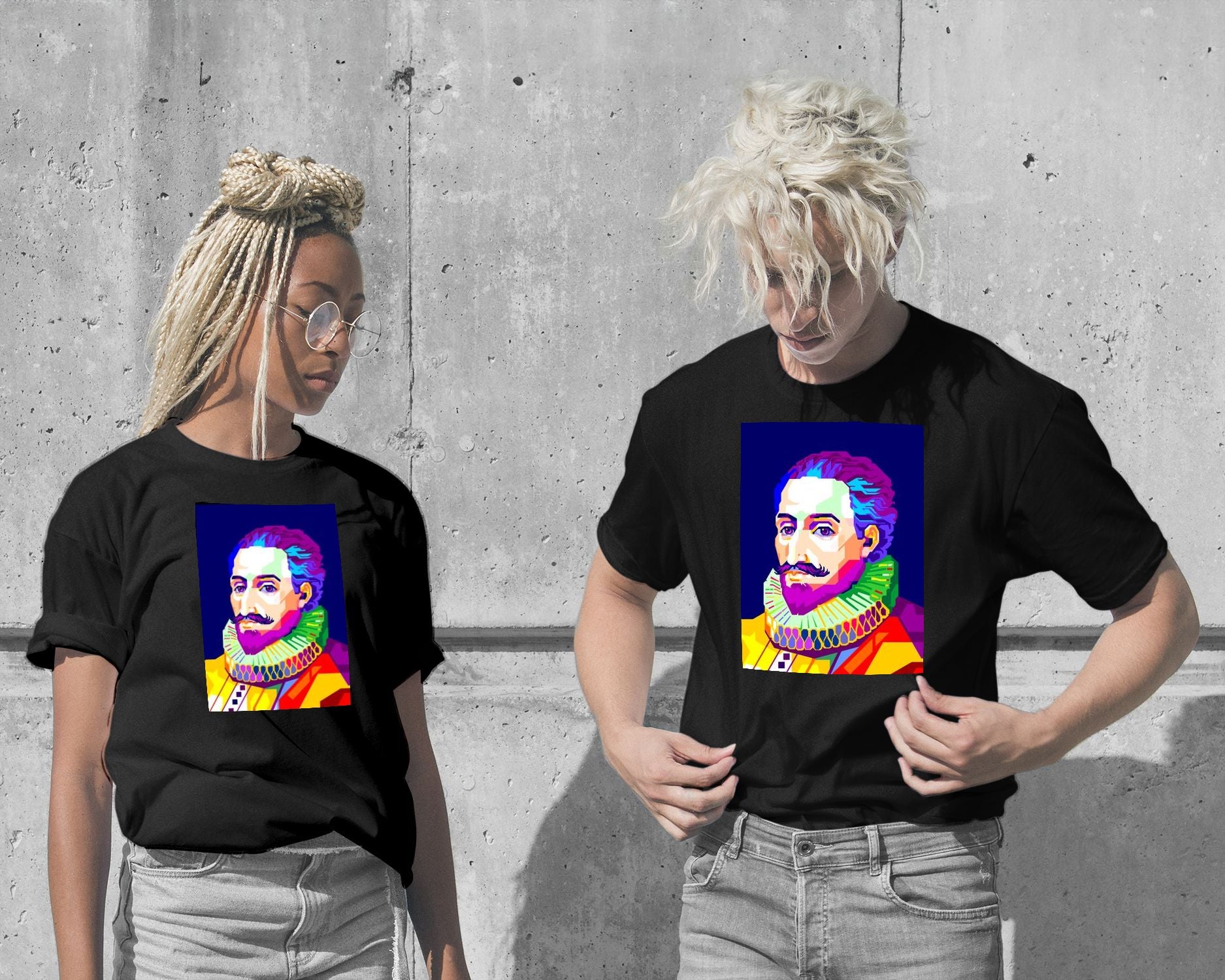T-Shirt-Miguel de Cervantes in Pop Art with Navy Background - @WPAPbyiant-wow.fan